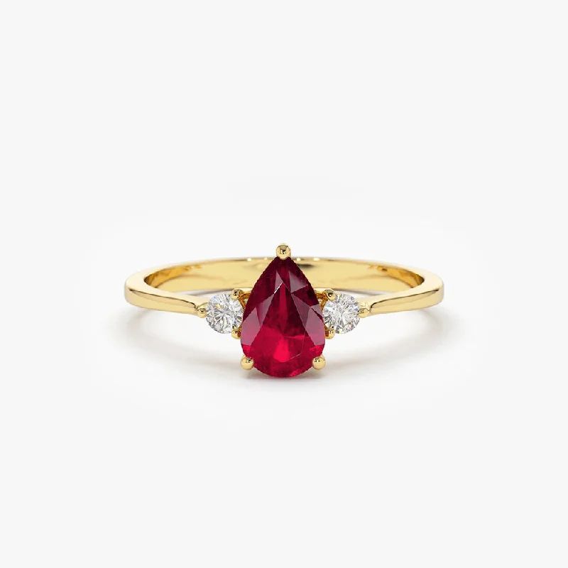 Wedding Rings with Personalization-14K Pear Shape Ruby Ring with Diamonds