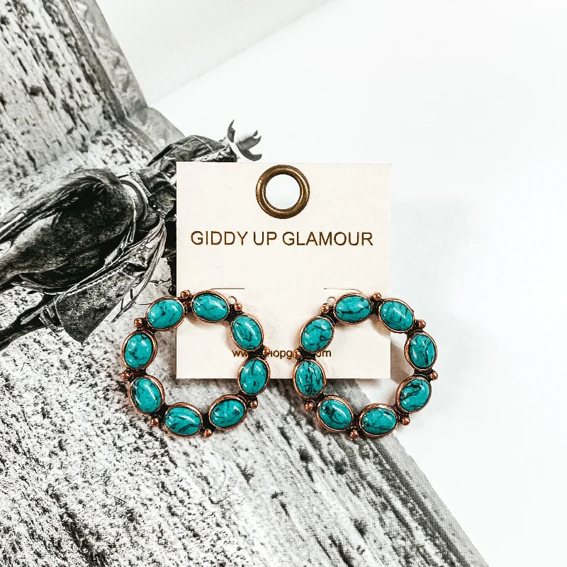 Trendy Hoop Earrings-Copper Tone Open Circle Earrings with Faux Turquoise Stones