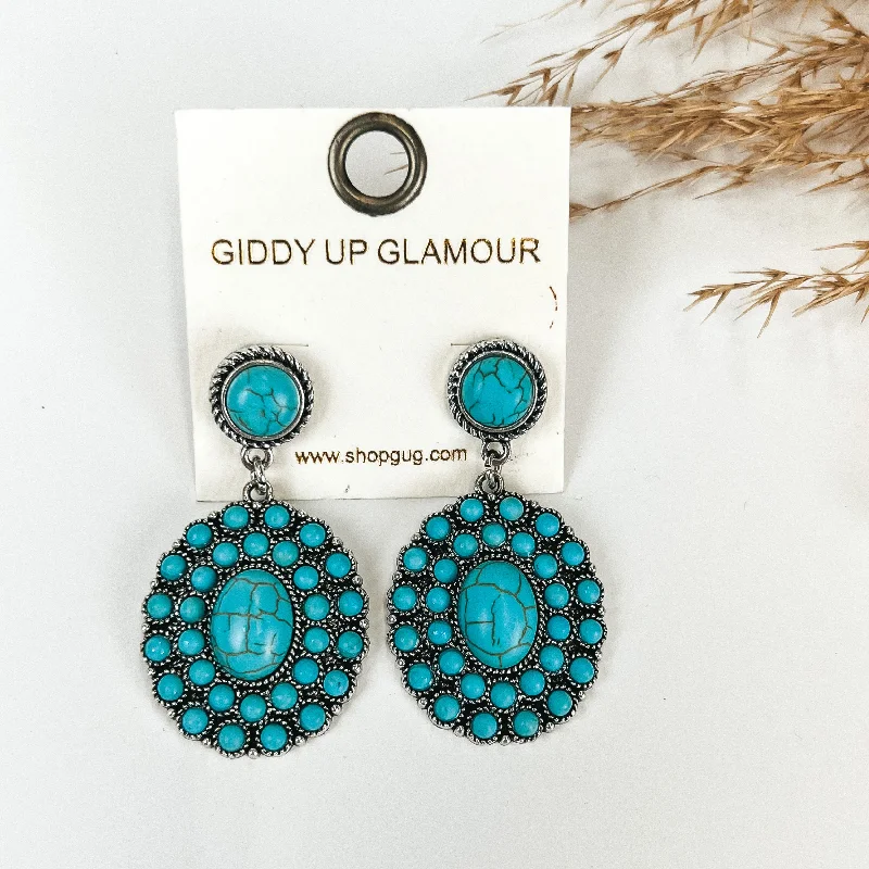 Colorful Gemstone Earrings-Turquoise Circle Post Earrings with Circle Cluster Drop with Turquoise Stones