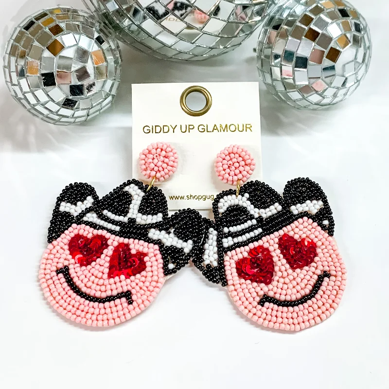 Classic Gold Earrings-Beaded Cowboy Happy Face Drop Earrings with Red Heart Eyes in Pink