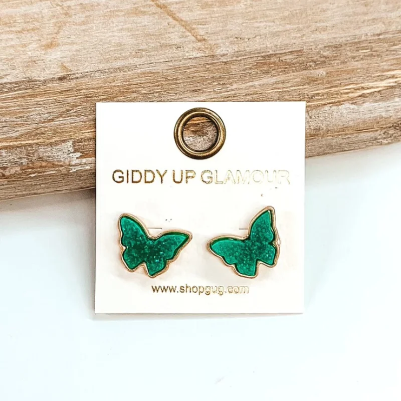 Custom Gold Earrings-Druzy Butterfly Post Back Earrings in Turquoise