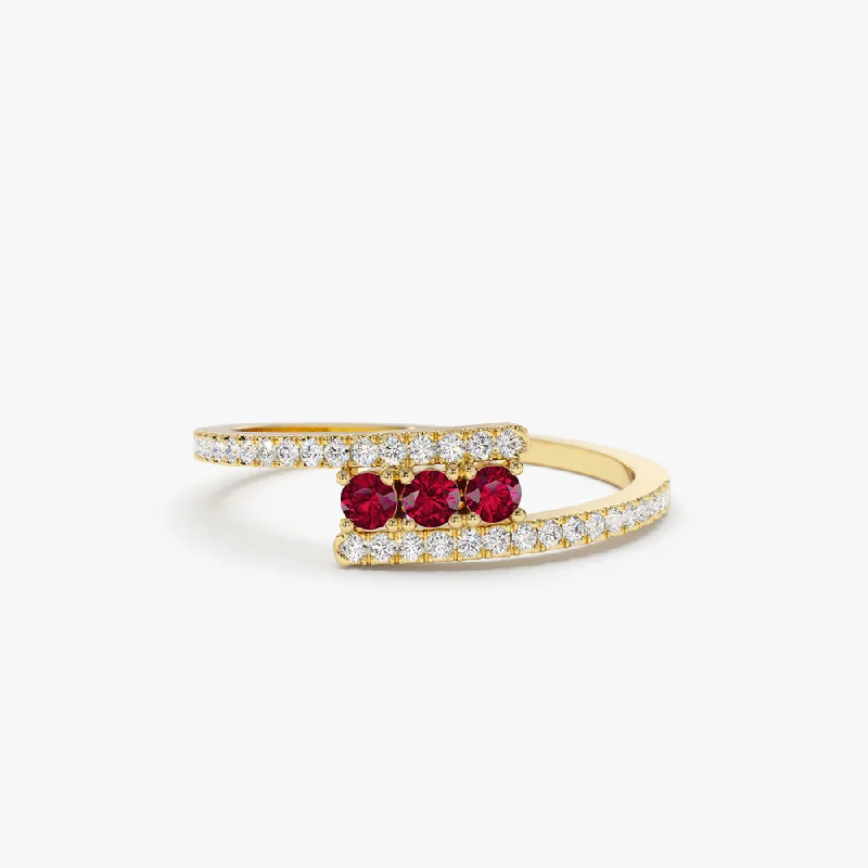 Simple Vintage Wedding Bands for Men-14k Cross Over Diamond Ring with Round Rubies