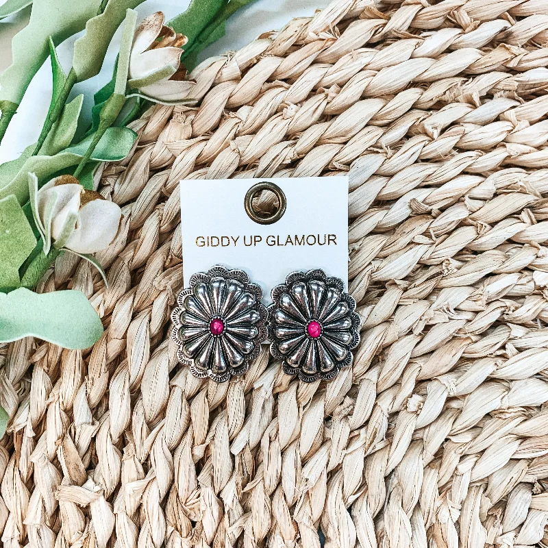 Personalized Drop Earrings-Concho Post Earrings with Pink Stone