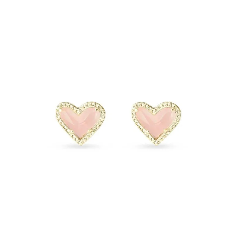 Elegant Gemstone Drop Earrings-Kendra Scott | Ari Heart Gold Stud Earrings in Rose Quartz