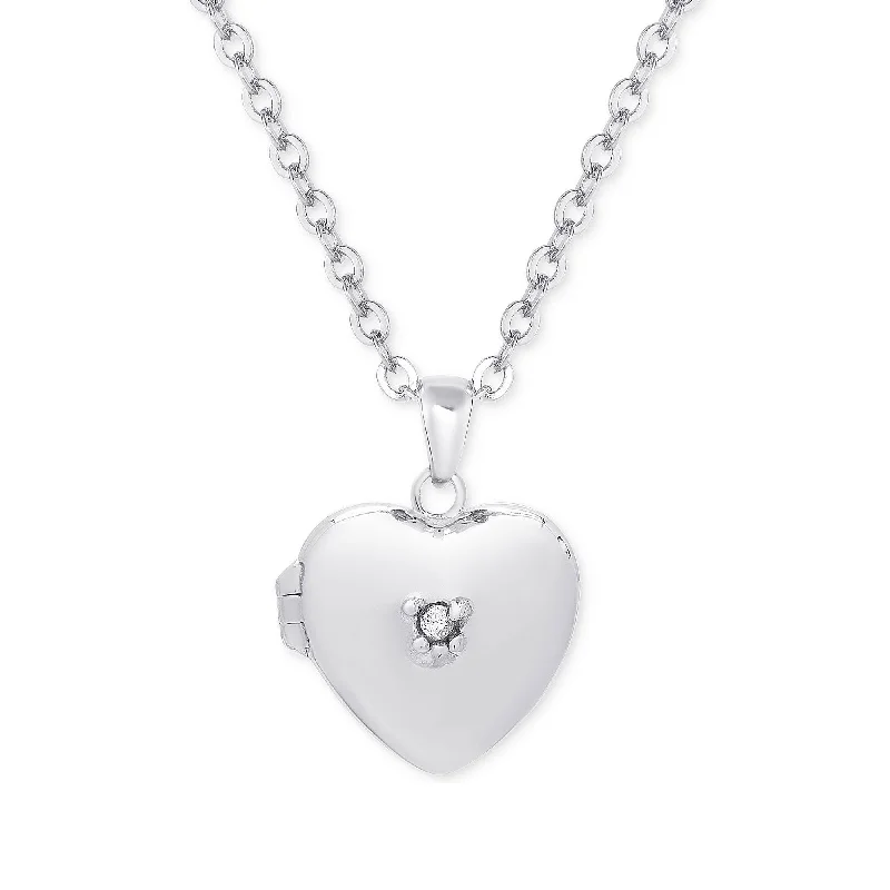 Gold Chain Necklaces-Heart Locket with CZ - Silver