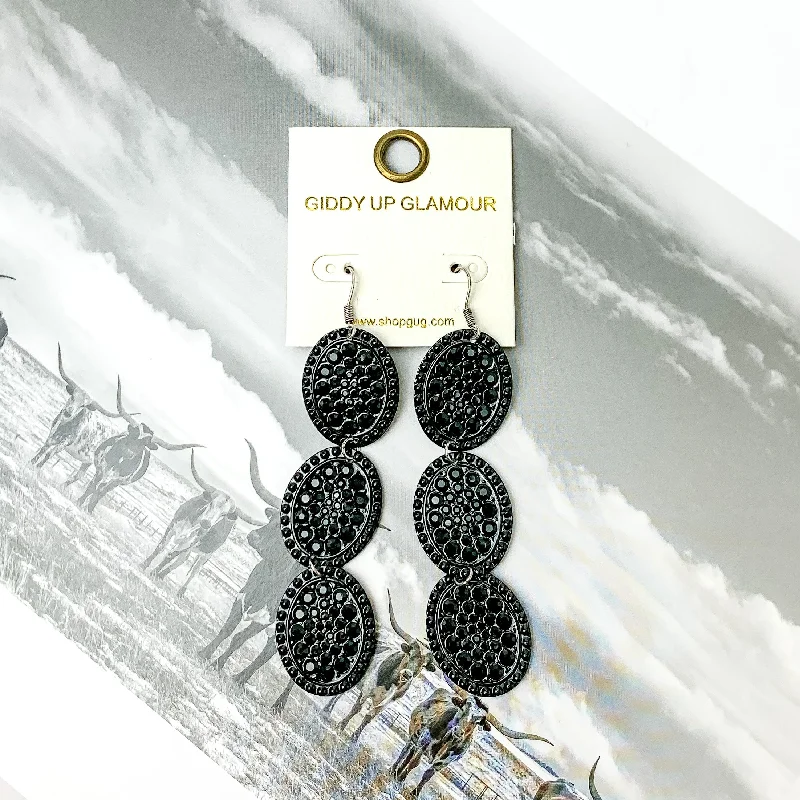 Custom Hoop Earrings for Women-Three Tier Black Outline with Black Crystals Oval Dangle Earrings