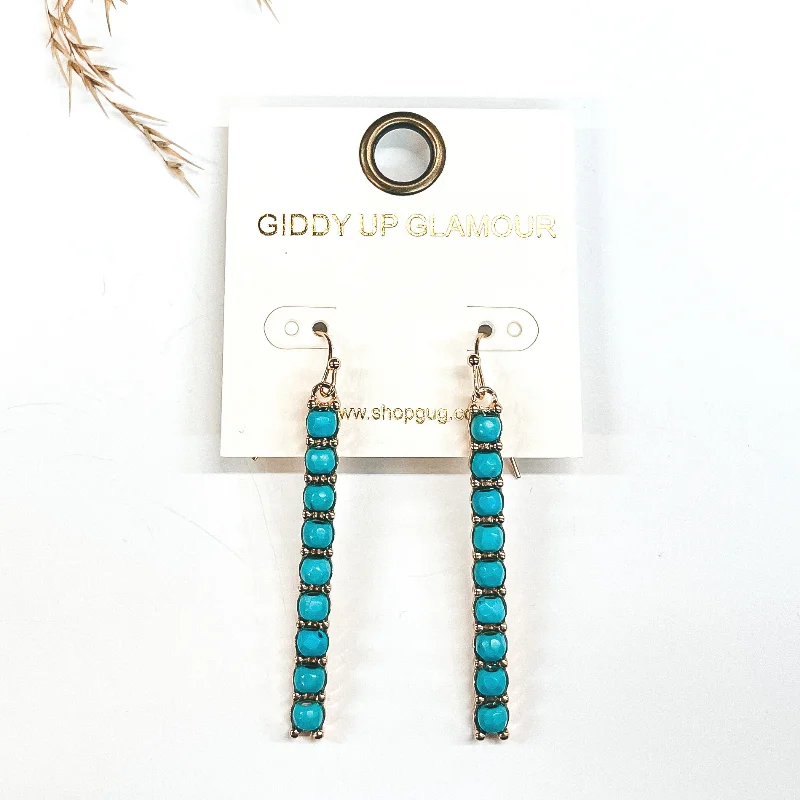 Custom Drop Earrings for Women-Gold Rectangle Bar Drop Earrings with Turquoise Beads