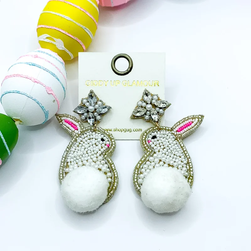 Gold and Crystal Earrings-Beaded Bunny Rabbit Earrings with a Puff Ball Tail in White