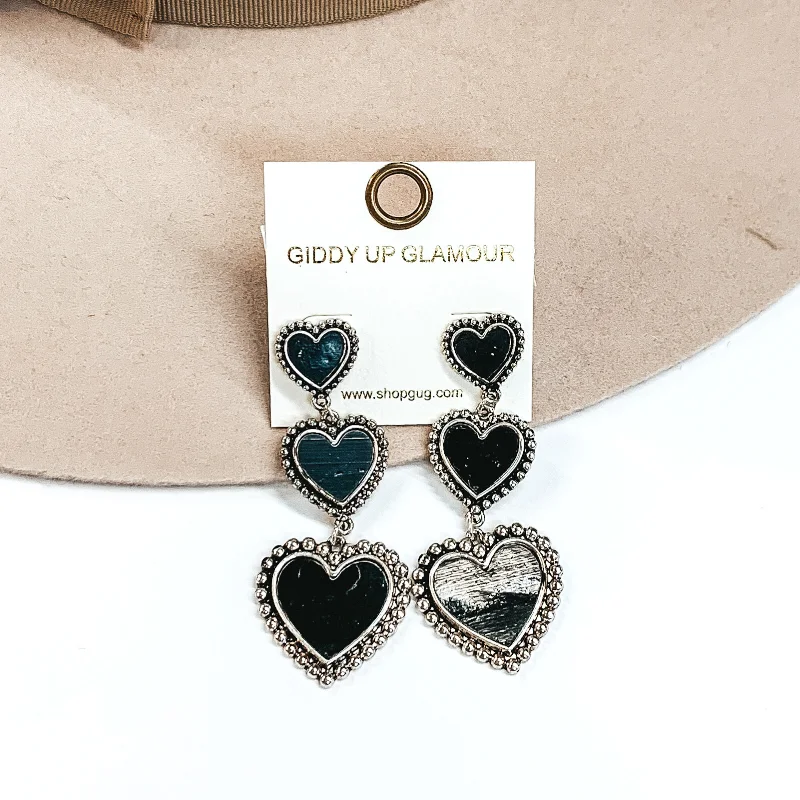 Bold Crystal Earrings-Three Tiered Hearts Black Shell Dangle Earrings in Silver