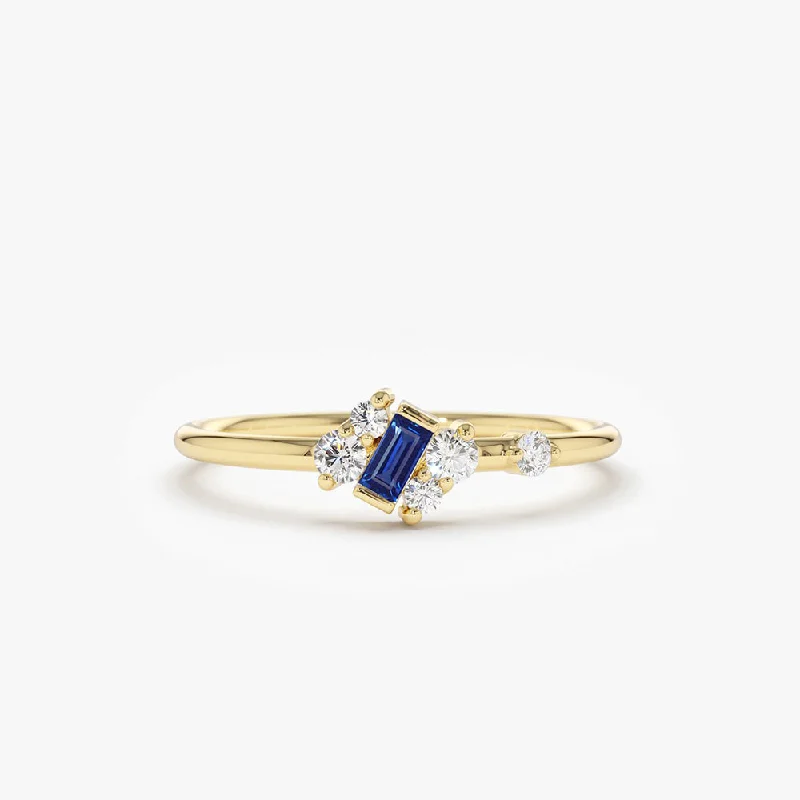 Personalized Engagement Rings for Men-14K Gold Slanted Baguette Sapphire Ring