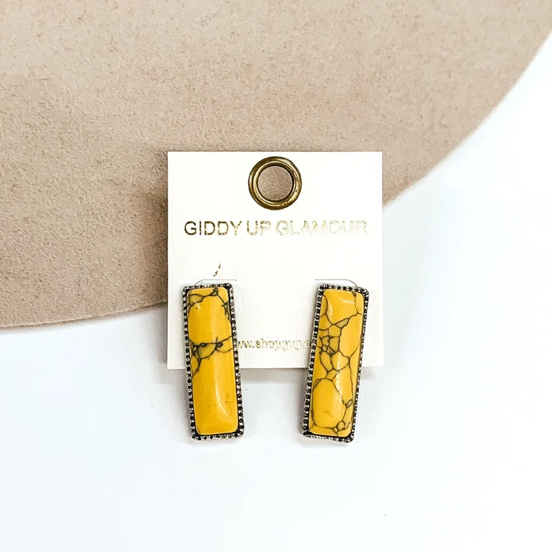 Custom Pearl Earrings-Medium Rectangle Faux Stone Silver Tone Earrings in Yellow