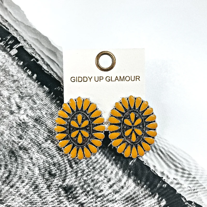 Simple Hoop Gemstone Earrings-Our Last Dance Oval Concho Cluster Epoxy Stud Earrings in Yellow and Silver Tone