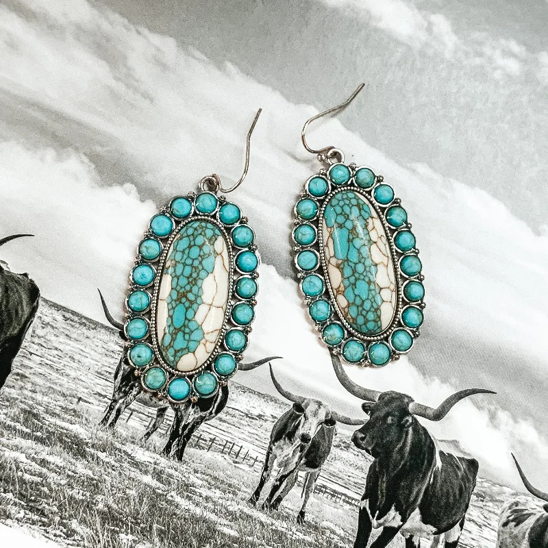 Simple Hoop Earrings for Women-Turquoise Cluster Oval Dangle Earrings in Silver Tone