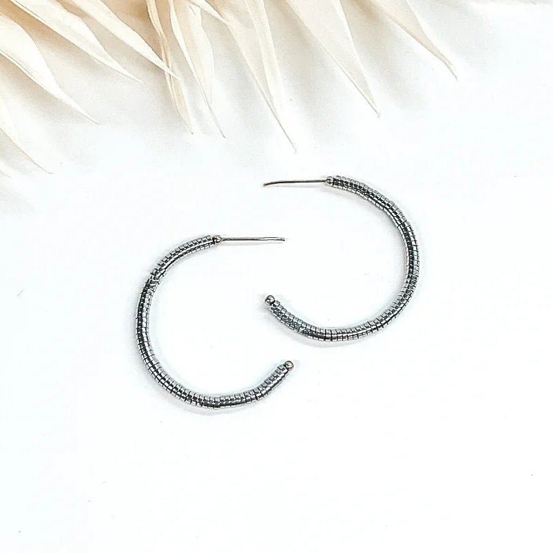 Large Hoop Drop Earrings-Metal Disk Beaded Hoop Earrings in Silver