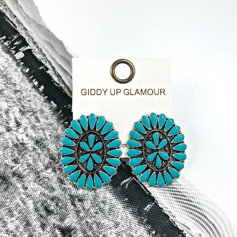 Trendy Silver Hoop Earrings-Our Last Dance Oval Concho Cluster Epoxy Stud Earrings in Turquoise and Silver Tone