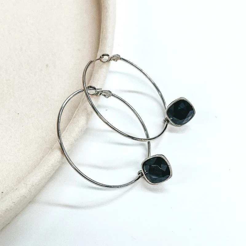 Handcrafted Drop Gemstone Earrings-Pink Panache | Large Silver Hoop Earrings with Black Cushion Cut Crystals in Square Setting