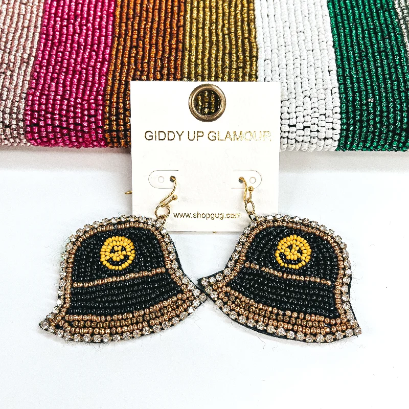 Trendy Drop Earrings for Women-Time To Travel Bucket Hat Beaded Earrings with Happy Face and Clear Rhinestones in Black and Gold Tone