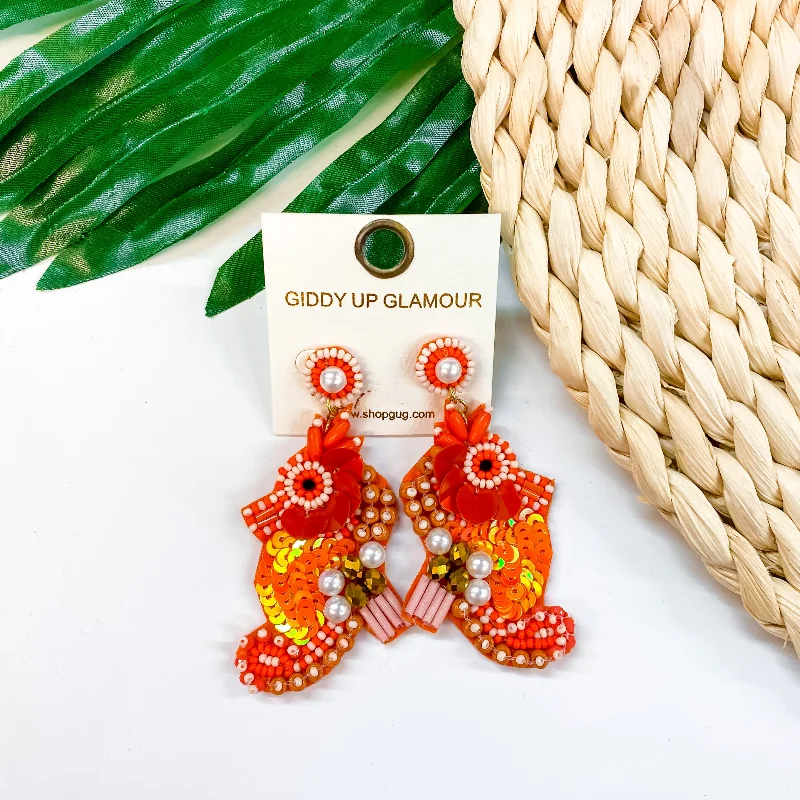 Large Crystal Drop Earrings-Seed Bead Sea Horse Earrings with Pearls in Orange