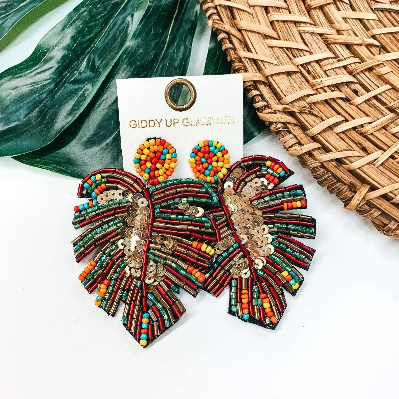 Classic Drop Earrings-Beaded Palm Leaf Statement Earrings in Multi