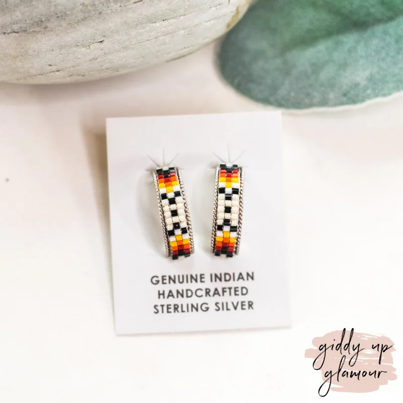 Customizable Drop Earrings-Navajo | Navajo Handmade Small Multi Colored Aztec Beaded Hoop Earrings in Ivory #1