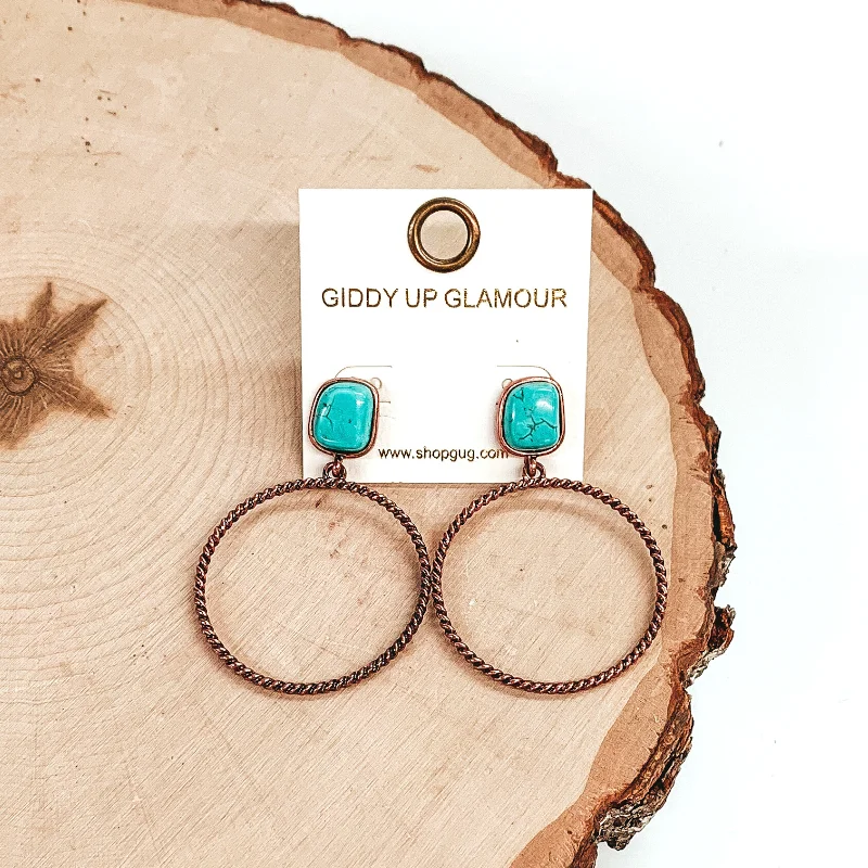 Large Crystal Hoop Earrings-Soulful Look Circle Drop and Stone Post Copper Tone Earrings in Turquoise