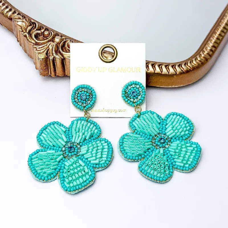 Gold Drop Earrings-Beaded Flower Earrings in Turquoise with Crystal Stones