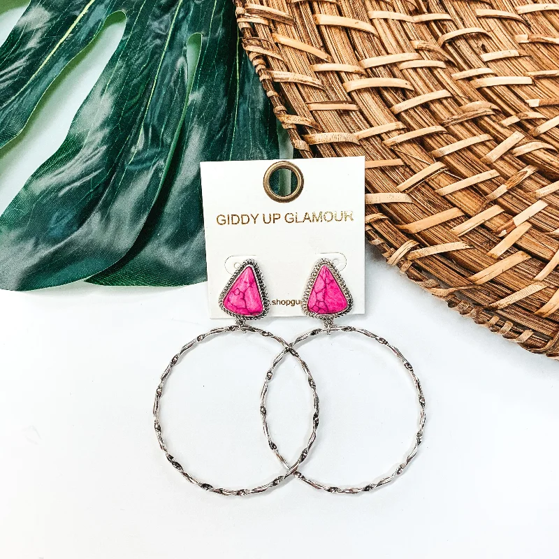 Silver Drop Earrings-Triangle Stone Post Hoop Earrings in Pink