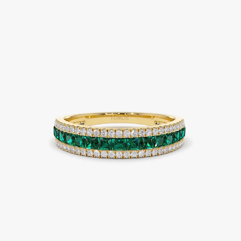 Luxury Wedding Bands for Women-14k  Half Eternity Square Emerald Anniversary Ring