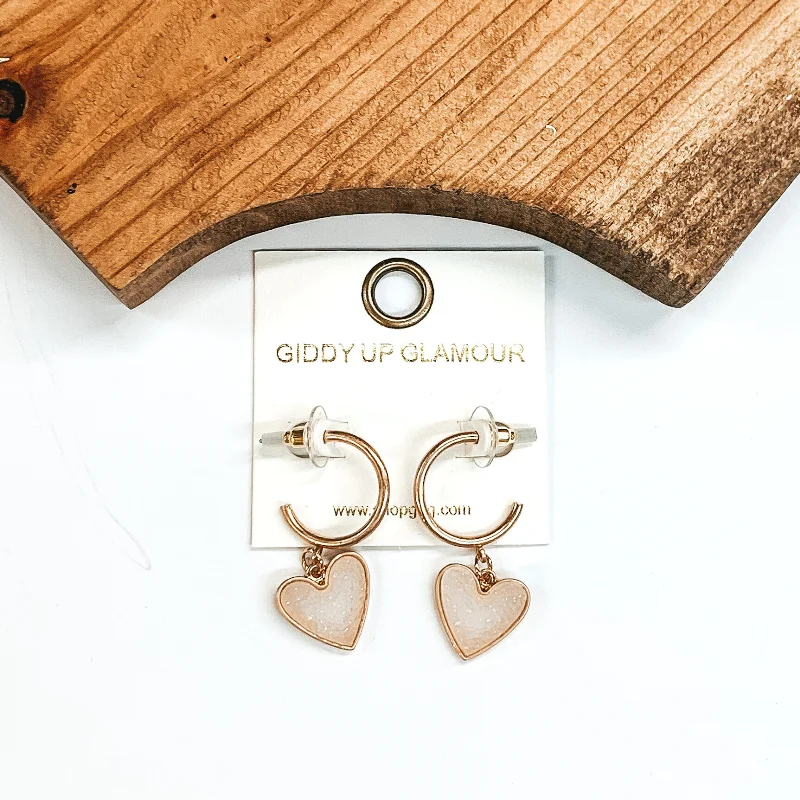 Trendy Drop Earrings-Gold Hoops with Druzy Heart Dangle in White