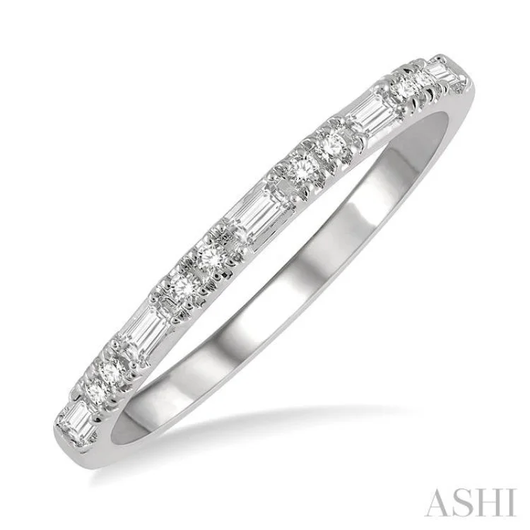 Vintage Custom Engagement Rings-1/6 Ctw Baguette and Round Cut Diamond Stack Band in 14K White Gold