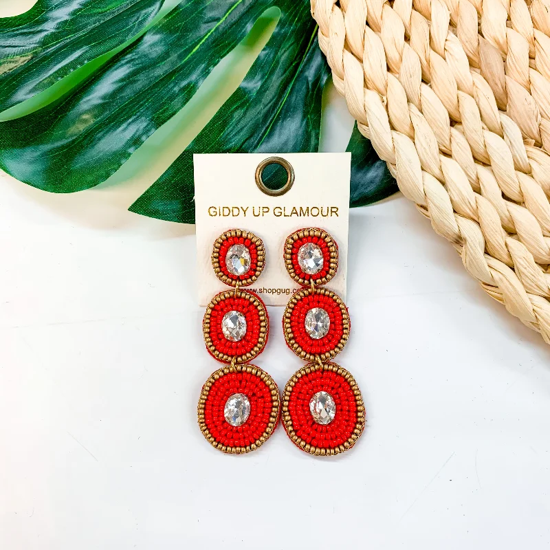 Large Hoop Earrings-Seed Bead Drop Earrings With Glass Stone in Red