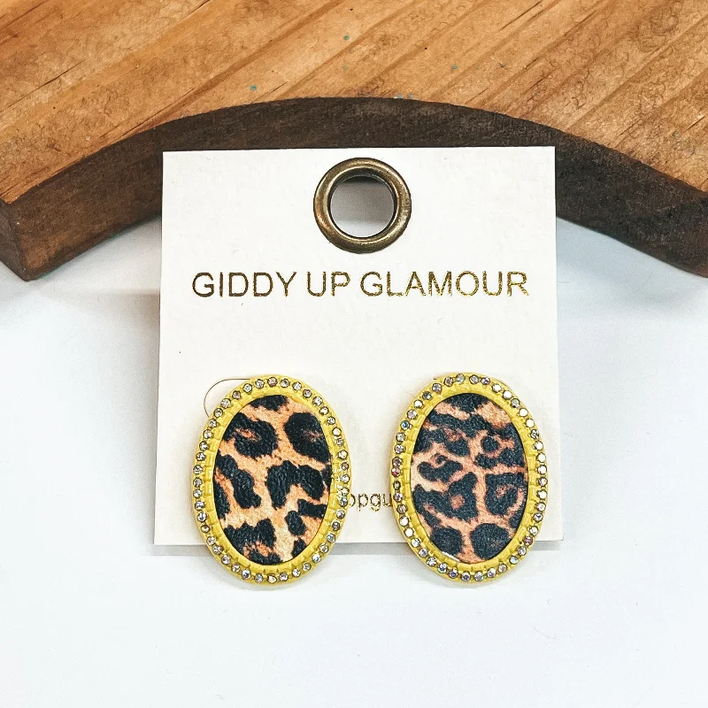 Designer Gemstone Earrings-Oval Leopard Print Studs in Neon Yellow with AB Crystals