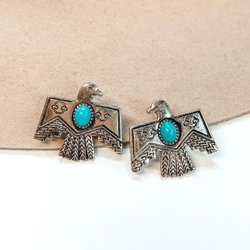 Elegant Drop Earrings for Women-Thunderbird Post Back Earrings with Turquoise Stone in Silver