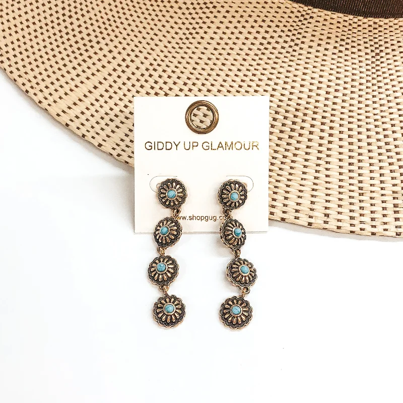 Handcrafted Pearl Earrings-Small Western Flower Concho Drop Earrings with Turquoise Stones in Gold