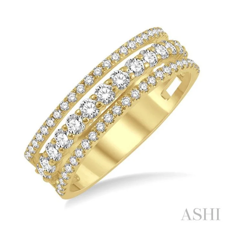 Custom Heart-Shaped Wedding Rings-3/4 Ctw Round Cut Diamond Split Triple Ring in 14K Yellow Gold