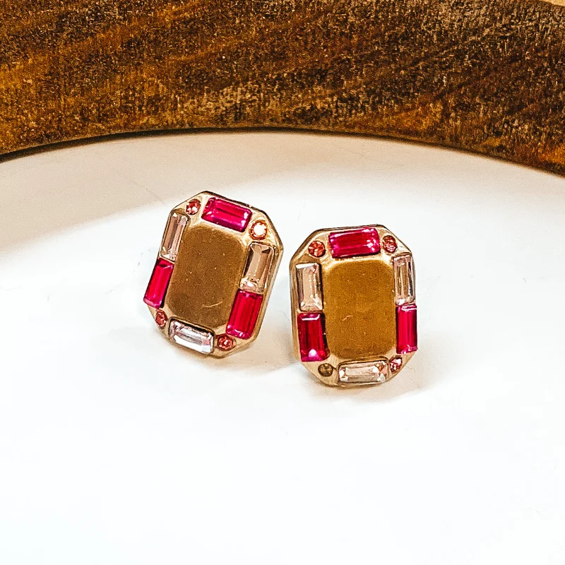 Luxury Crystal Earrings for Women-Made For Royalty Gold Rectangular Studded Earrings in Pink