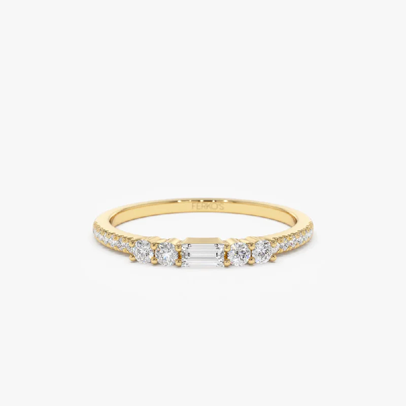 Platinum Engagement Rings with Diamonds-14k Baguette and Round Diamond Dainty Stackable Ring