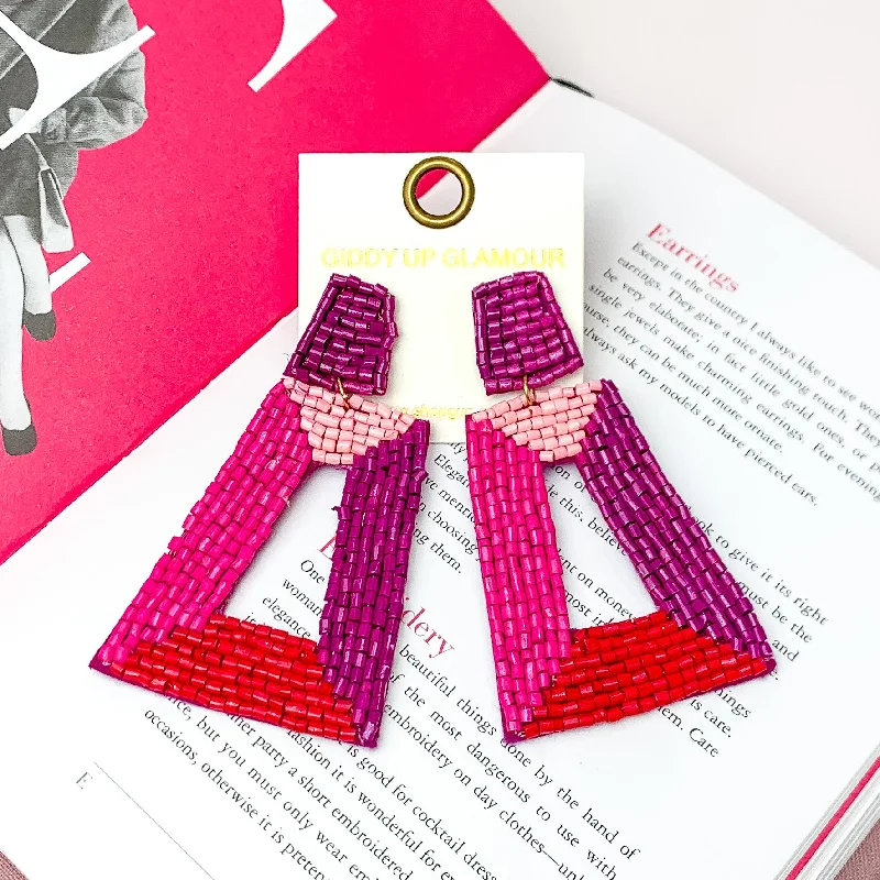 Designer Pearl Earrings for Women-Beaded Rectangle Designed Earrings in Pink, Red, and Purple