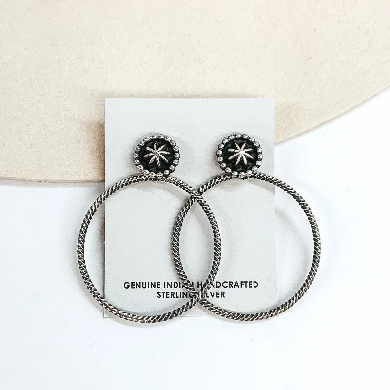 Large Drop Earrings-Verley Betone | Navajo Handmade Sterling Silver Rope Hoop Earrings on Circle Post