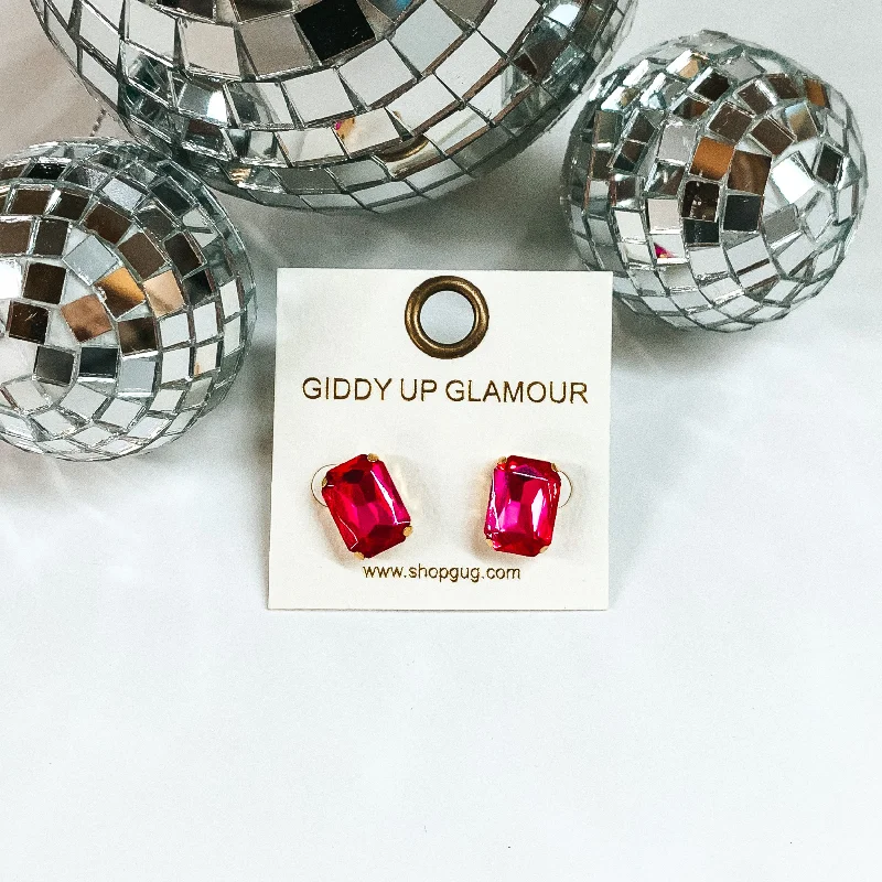 Modern Crystal Drop Earrings-Rectangle Crystal Stud Earrings in Hot Pink