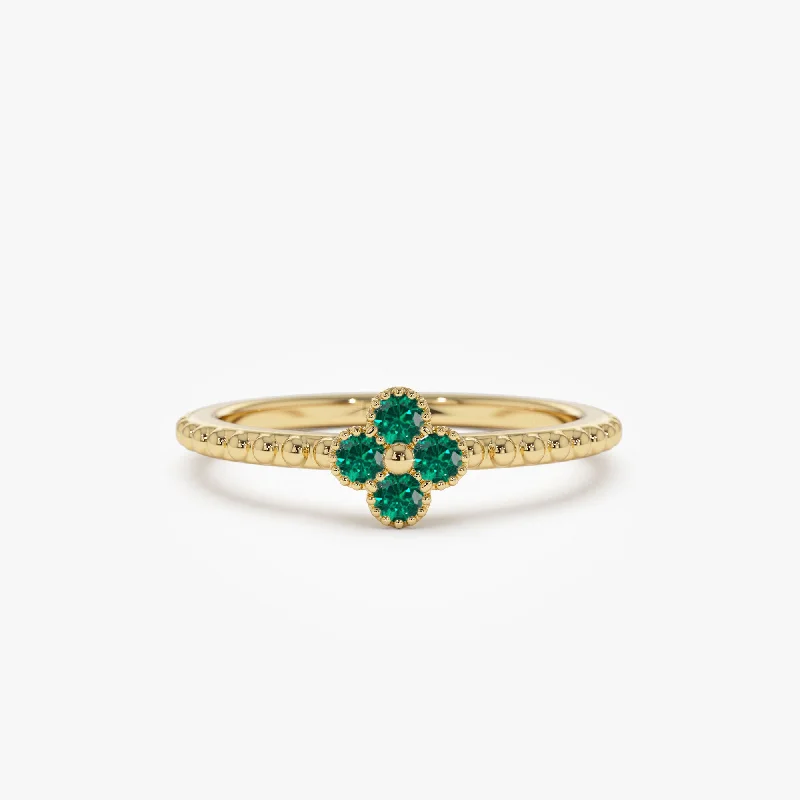 Custom Birthstone Wedding Rings for Him-14k Emerald Clover Ring