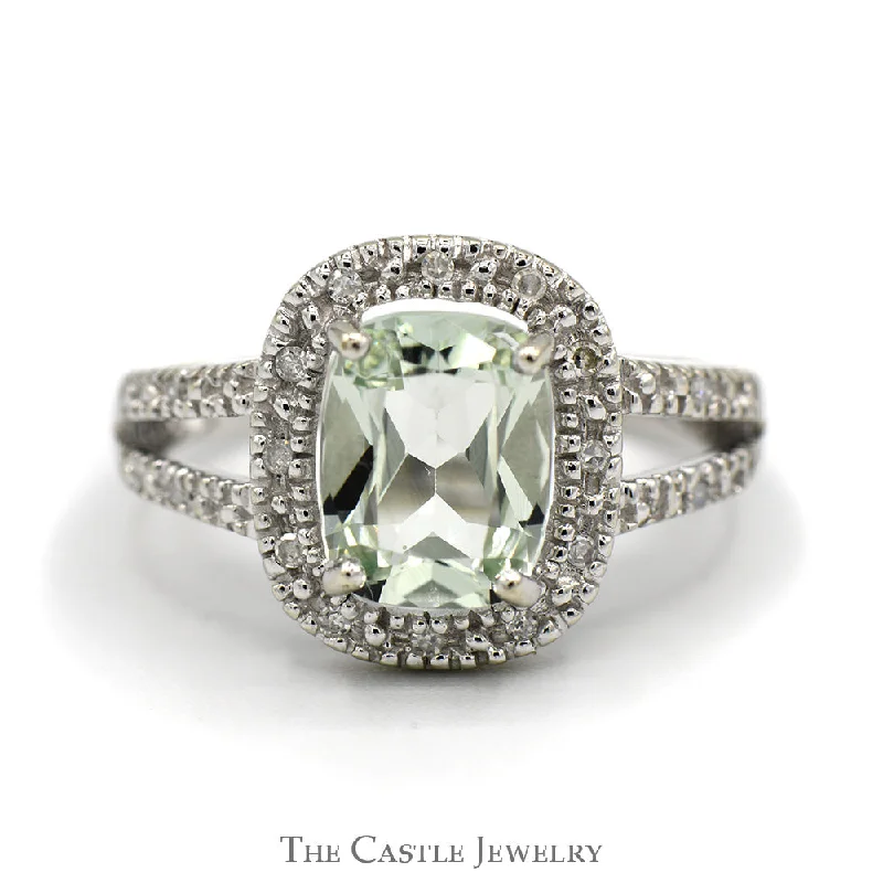 Custom Diamond Engagement Band-Cushion Cut Green Quartz Ring with Diamond Halo and Accents in 10k White Gold