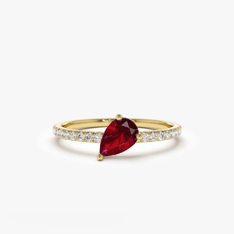 Classic Wedding Bands with Personalization-14k Slanted Pear Shape Ruby Ring with Pave Diamonds