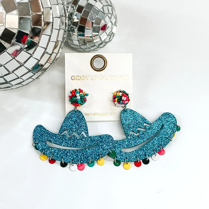 Handmade Gemstone Earrings-Let's Fiesta! Glitter Hat Earrings In Turquoise