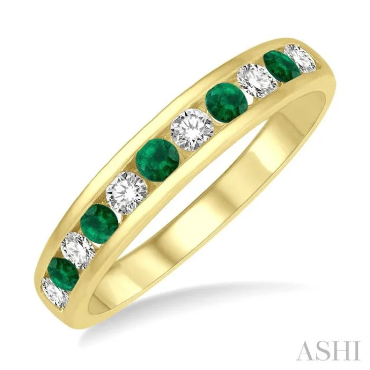 Affordable Gold Rings-1/4 ctw Round Cut Diamond and 2.3MM Emerald Precious Wedding Band in 14K Yellow Gold