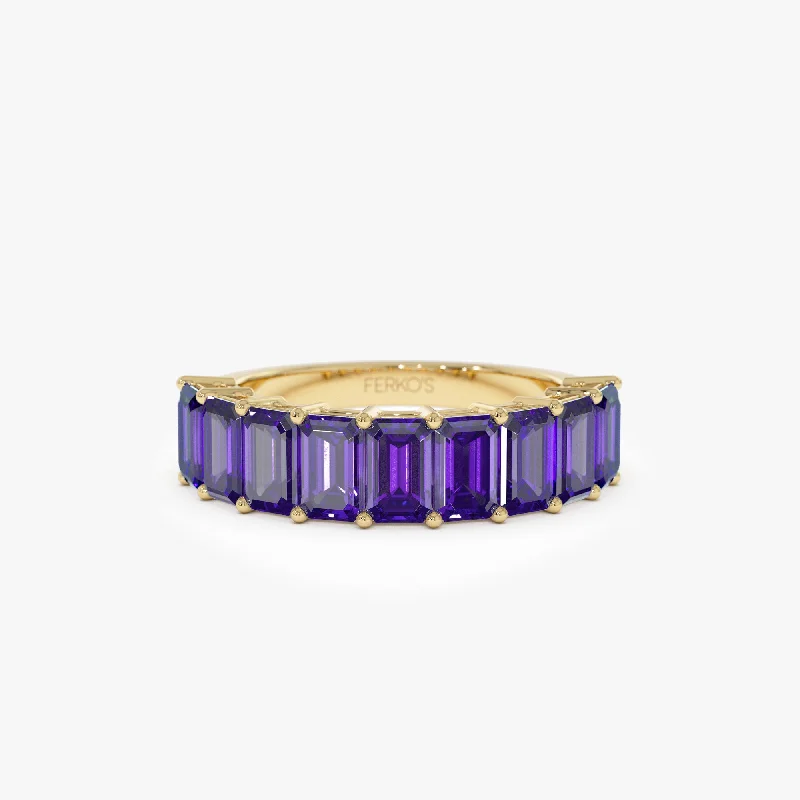 Personalized Birthstone Wedding Bands-14k Emerald Cut Amethyst Nine Stone Ring 2.55ctw