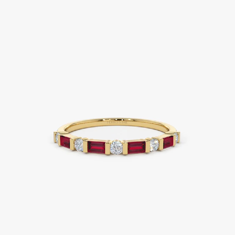 Customizable Engagement Rings-14k Ruby Baguette and Diamond Stackable Wedding Ring