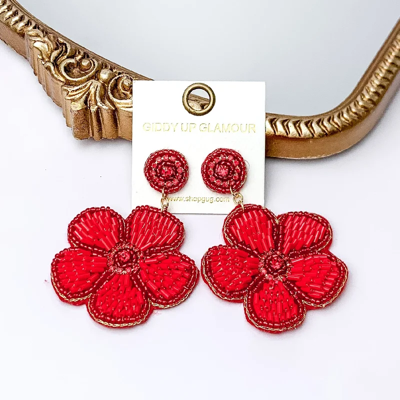 Trendy Gold Earrings-Beaded Flower Earrings in Red with Crystal Stones