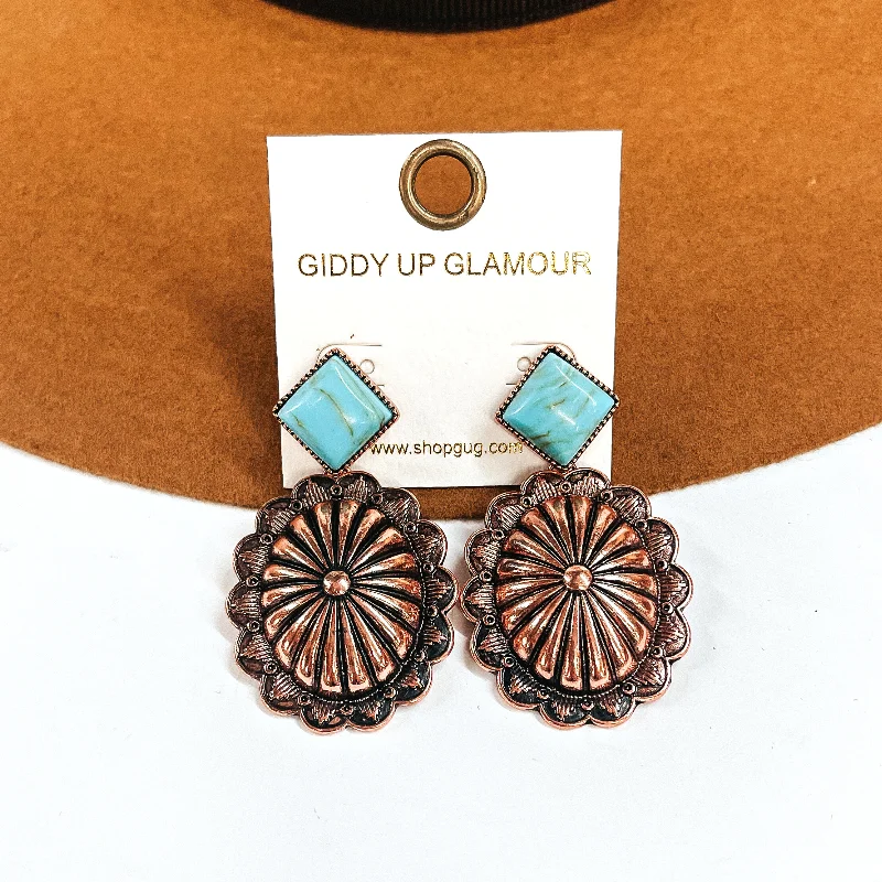 Silver Stud Earrings-Moonstruck Copper Tone Concho Drop Earrings with Agate Stone Post in Turquoise