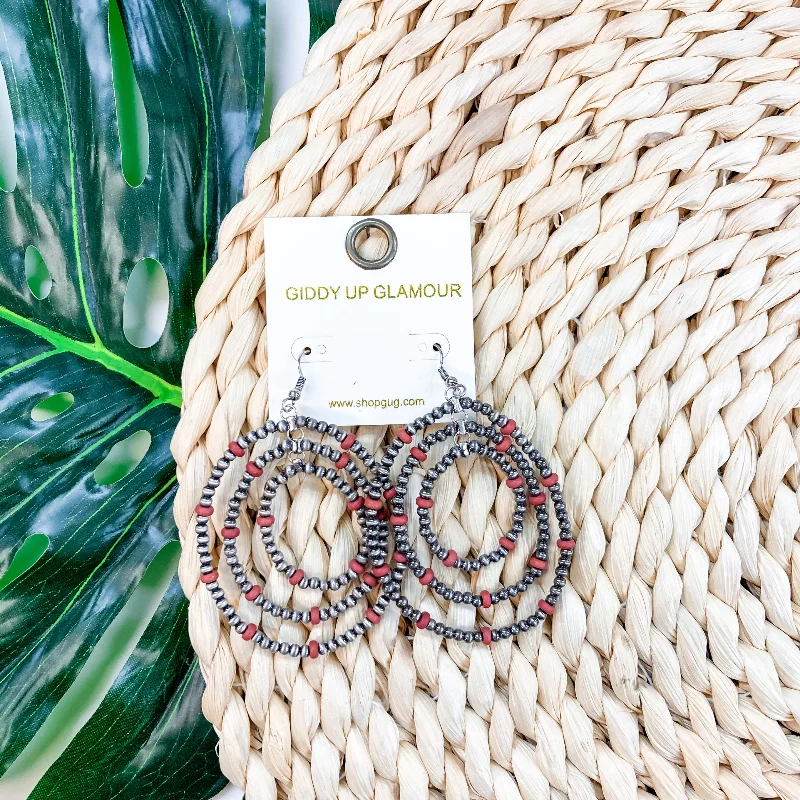 Geometric Hoop Drop Earrings-Layered Navajo Bead Hoop Earrings in Red